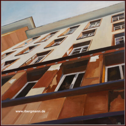 Rainer Bergmann: Häuserfassade. 100 x 100 cm, Öl auf Leinwand, 2022. Das Bild entstand nach einem Besuch im Regierungsviertel in Berlin. Jedes Gebäude dort erzählt eine Geschichte, die erst auf den zweiten Blick erkennbar ist.